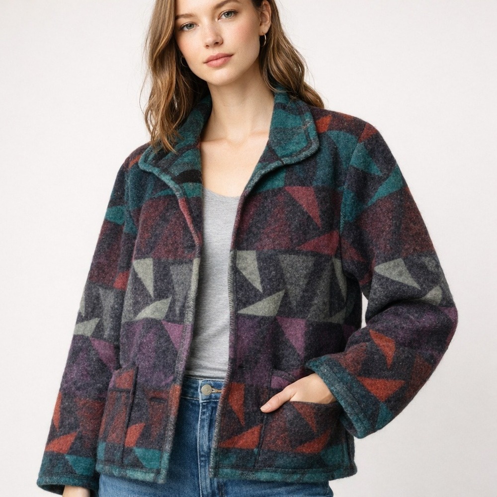 Canvasbacks Wraps Wool Jacket Women XS Multicolor Aztec Geo‎ Vintage 80s 90s USA